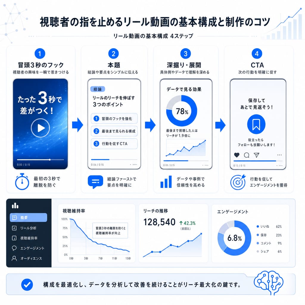視聴者を惹きつけるリール動画の基本構成。フック、本題、展開、CTAの4ステップの流れを示す図。