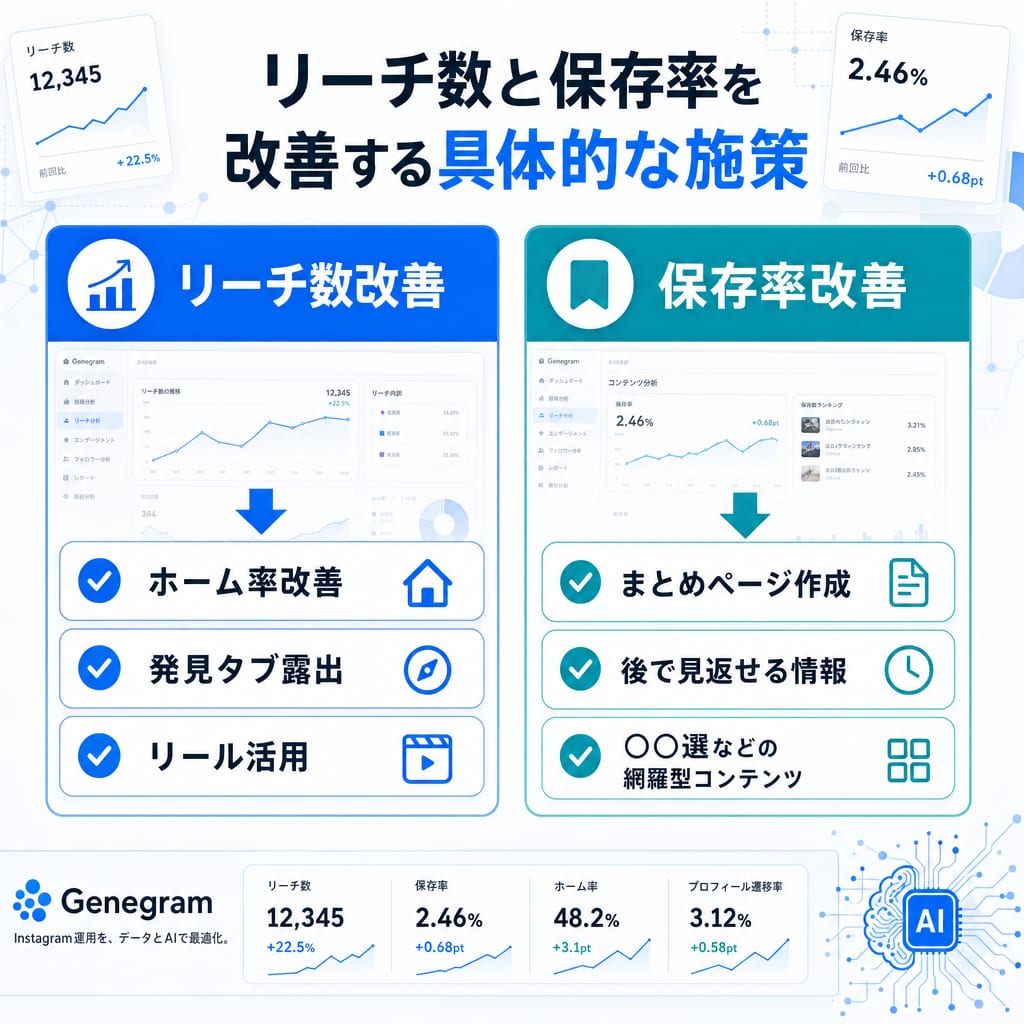 リーチ数と保存率を改善するための具体的な施策をまとめた図。