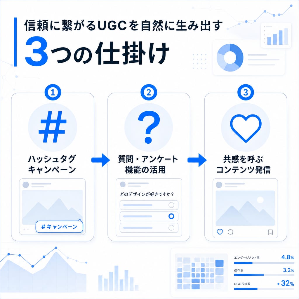UGCを自然に生み出すための3つの施策(ハッシュタグキャンペーン、質問機能、共感コンテンツ)を示すフロー図。