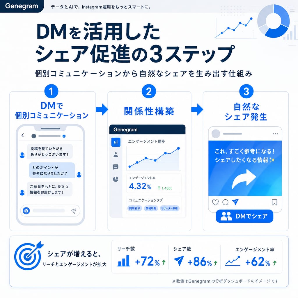 DMでのコミュニケーションから関係性を構築し、自然なシェアに繋げる3ステップの流れを示した図。