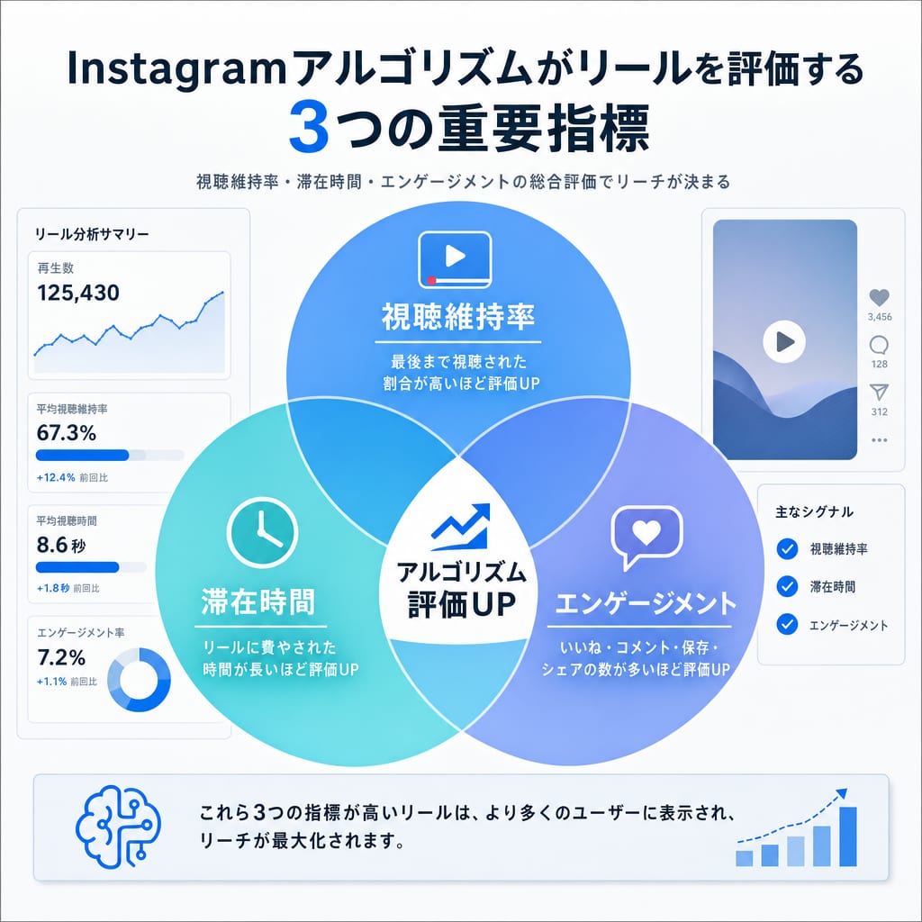 Instagramアルゴリズムの評価指標。視聴維持率、滞在時間、エンゲージメントの3要素が重なり合うことで評価が高まることを示す図。