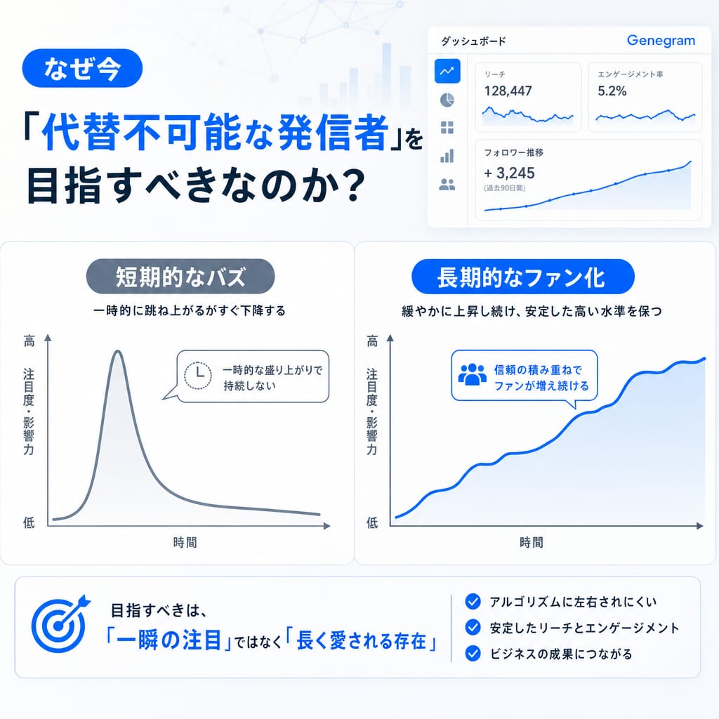 短期的なバズと長期的なファン化の比較グラフ。代替不可能な発信者は後者を目指す。