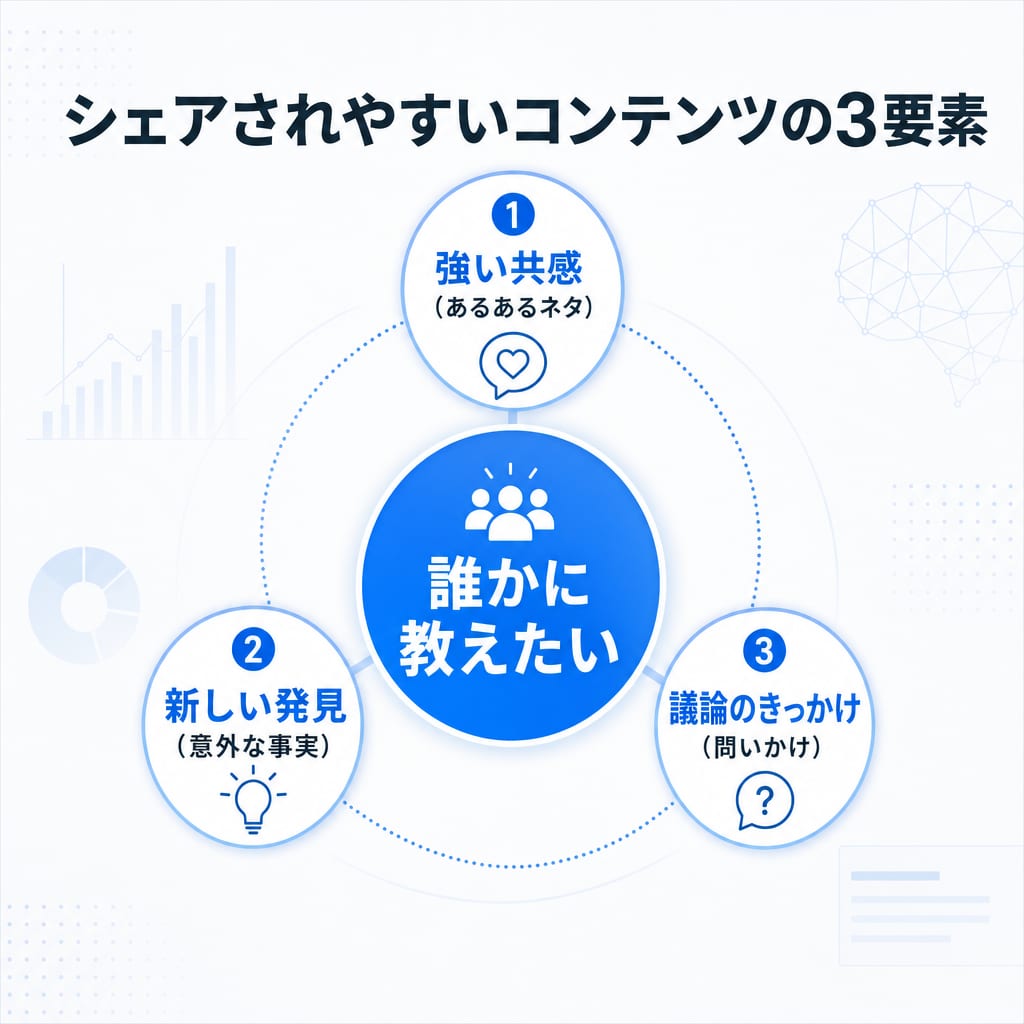 Instagramでシェアされやすいコンテンツの3つの型(共感、発見、議論)を示した図。