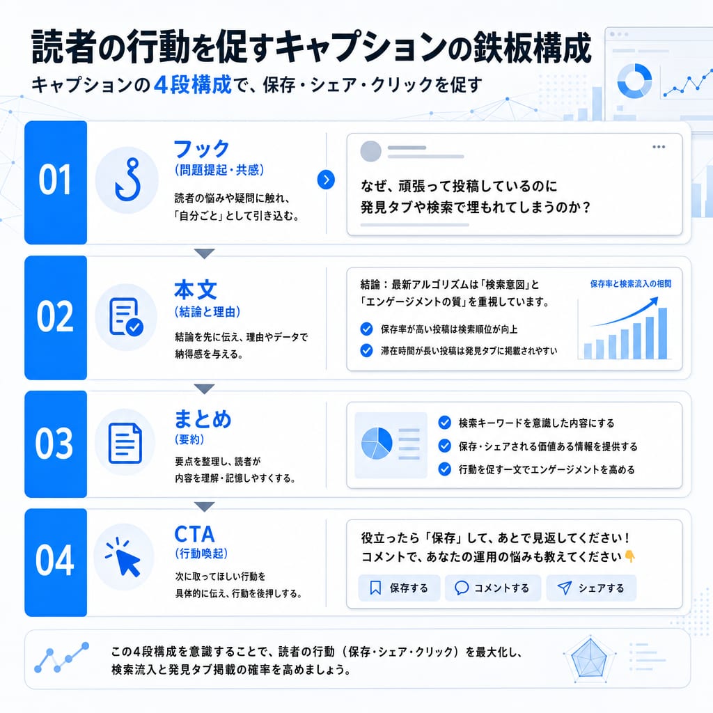 読者の行動を促すInstagramキャプションの4段構成(フック・本文・まとめ・CTA)を示した図。