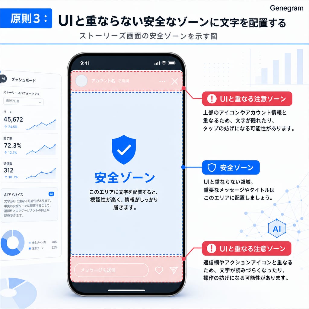 Instagramストーリーズの文字配置における安全ゾーンを示す図。画面の上部と下部がUIと重なるため避け、中央に文字を配置すべきことが示されている。