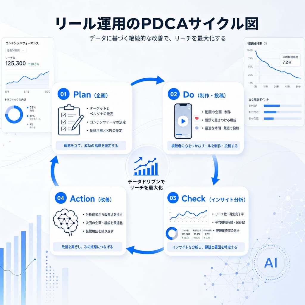 リール運用の改善サイクル。企画、制作・投稿、分析、改善のPDCAサイクルを示す図。