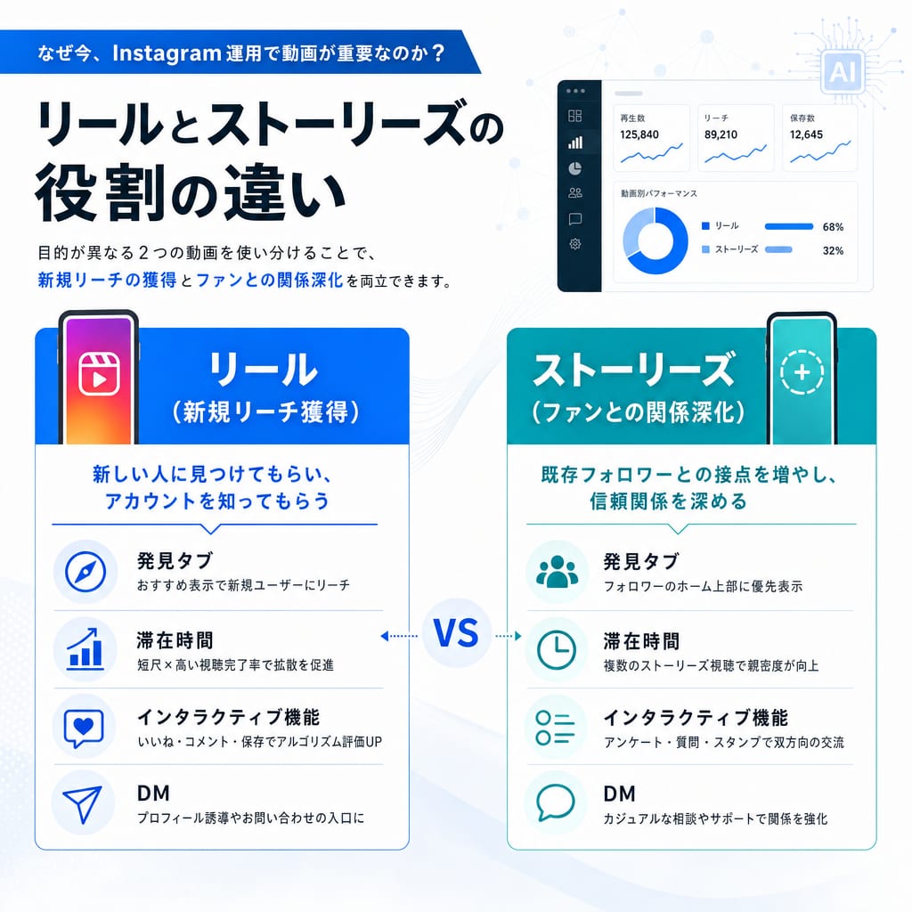 リールとストーリーズの役割の違いを示した図。リールは新規リーチ獲得、ストーリーズはファンとの関係深化を目的とする。