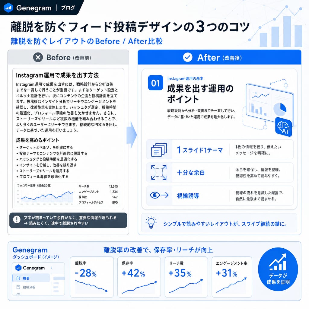 フィード投稿の離脱を防ぐレイアウト改善の比較図。改善前は情報が詰め込まれているが、改善後は余白を確保し、1スライド1テーマに整理されている。