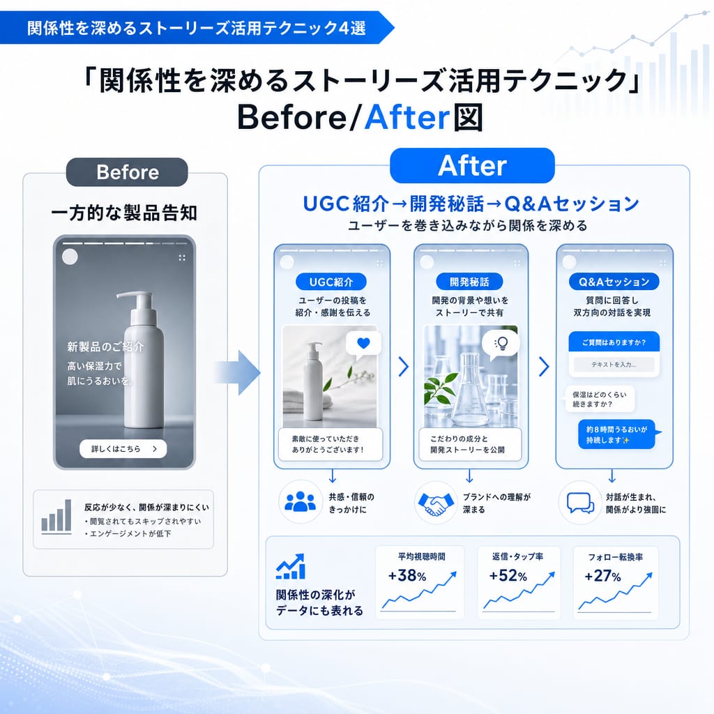 一方的な告知からユーザー参加型のUGC活用へと改善するストーリーズ活用テクニックのBefore/After図