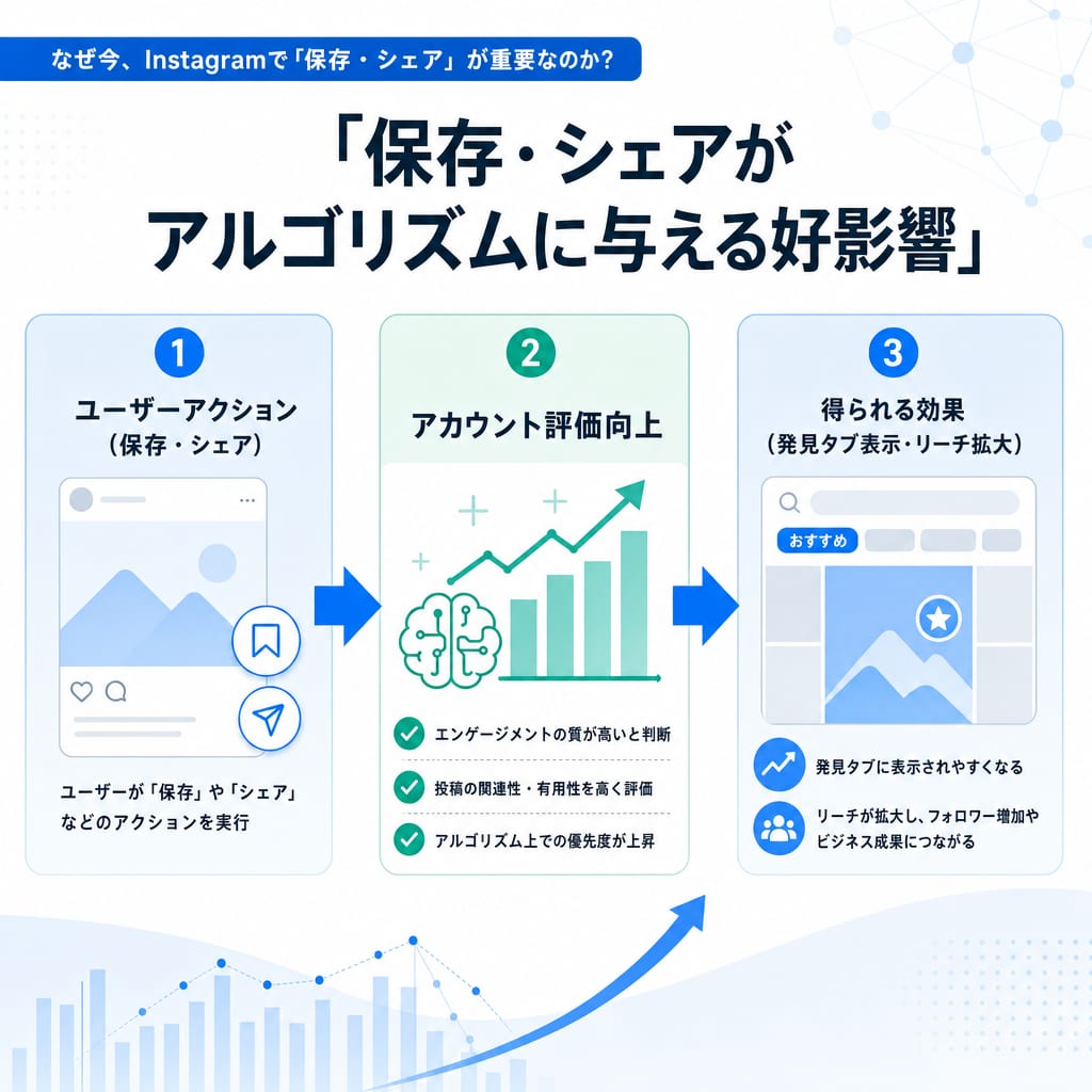 Instagramのアルゴリズムにおいて、保存・シェアがアカウント評価を高め、発見タブ表示やリーチ拡大に繋がる仕組みを示した図。