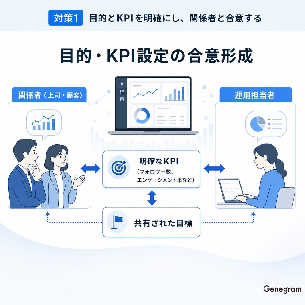 関係者と運用担当者がGenegramを介して目的とKPIを合意する図