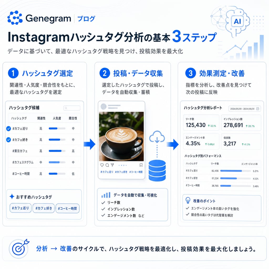 Instagramハッシュタグ分析の基本的な流れを示す図。ハッシュタグ選定から投稿、効果測定と改善までの3つのステップが描かれている。