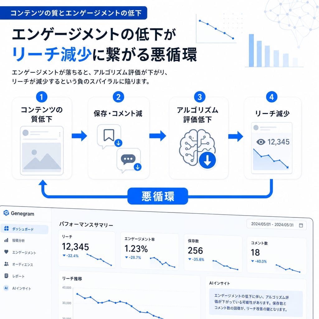 コンテンツの質が低下するとエンゲージメントが下がり、アルゴリズム評価の低下を経てリーチが減少するという悪循環を示した図。