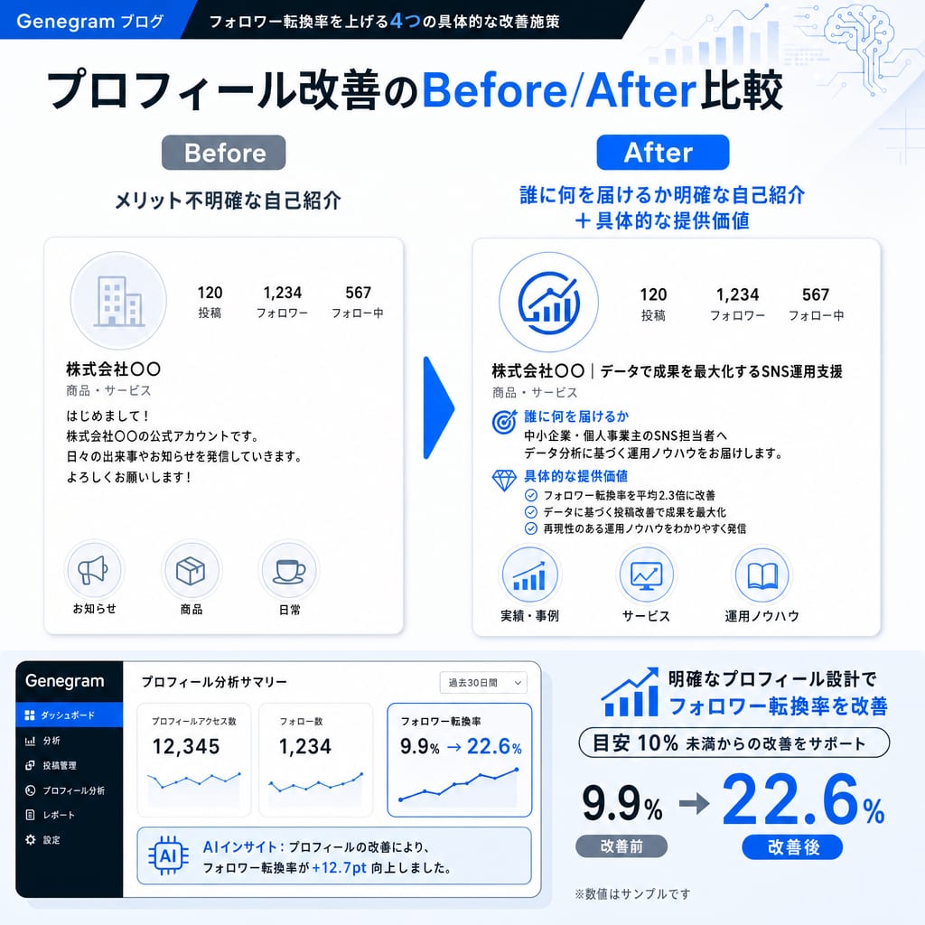 フォロワー転換率を上げるプロフィール改善のBefore/After。改善前は抽象的だが、改善後は提供価値が明確になっている。