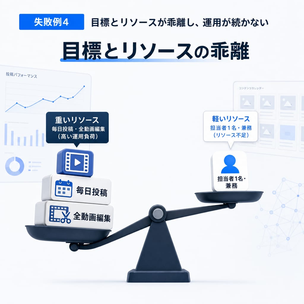 目標とリソースが釣り合っていない状態を示す天秤の図。重すぎる目標に対してリソースが不足していることを示している。