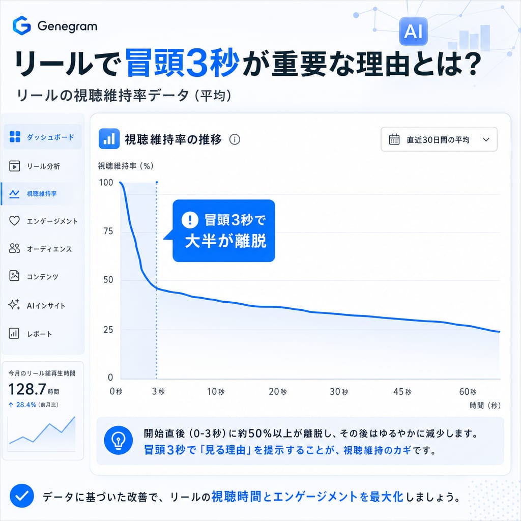 リールの視聴維持率グラフ。動画開始3秒で視聴者が半数以下に急減している様子を示している。