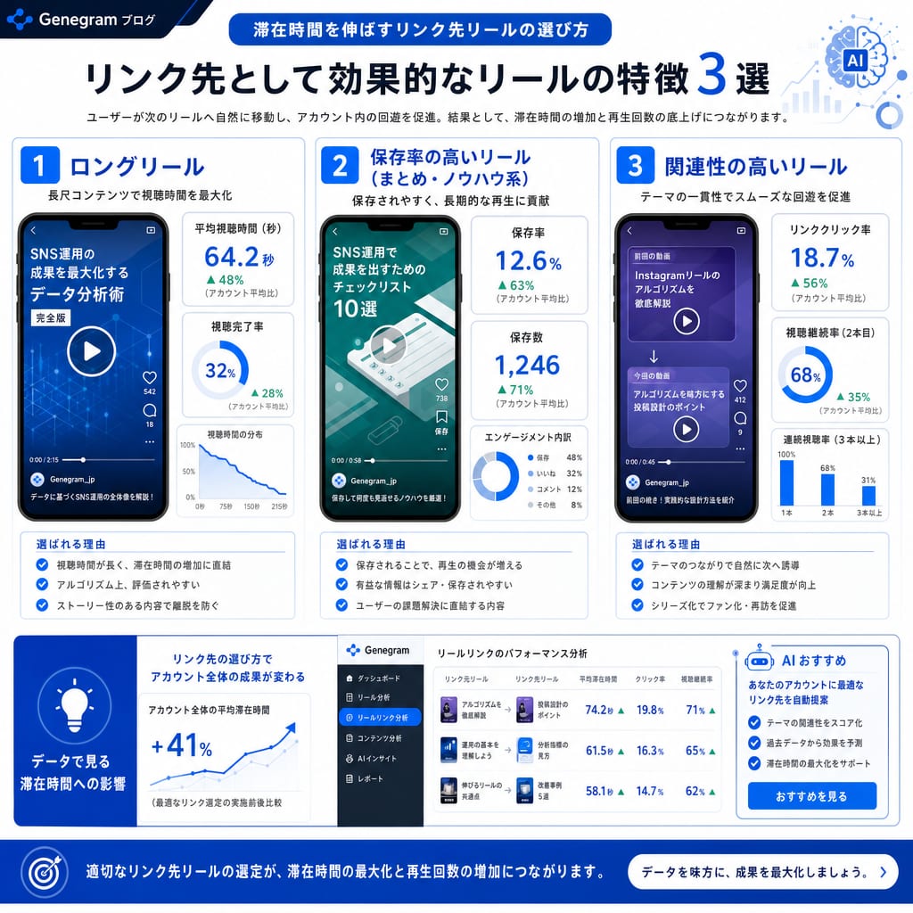 滞在時間を伸ばすリンク先リールの選び方。長時間視聴されやすい「ロングリール」、後で見返されやすい「保存率の高いリール」、ユーザーの興味が続く「関連性の高いリール」が効果的であることを示す図。
