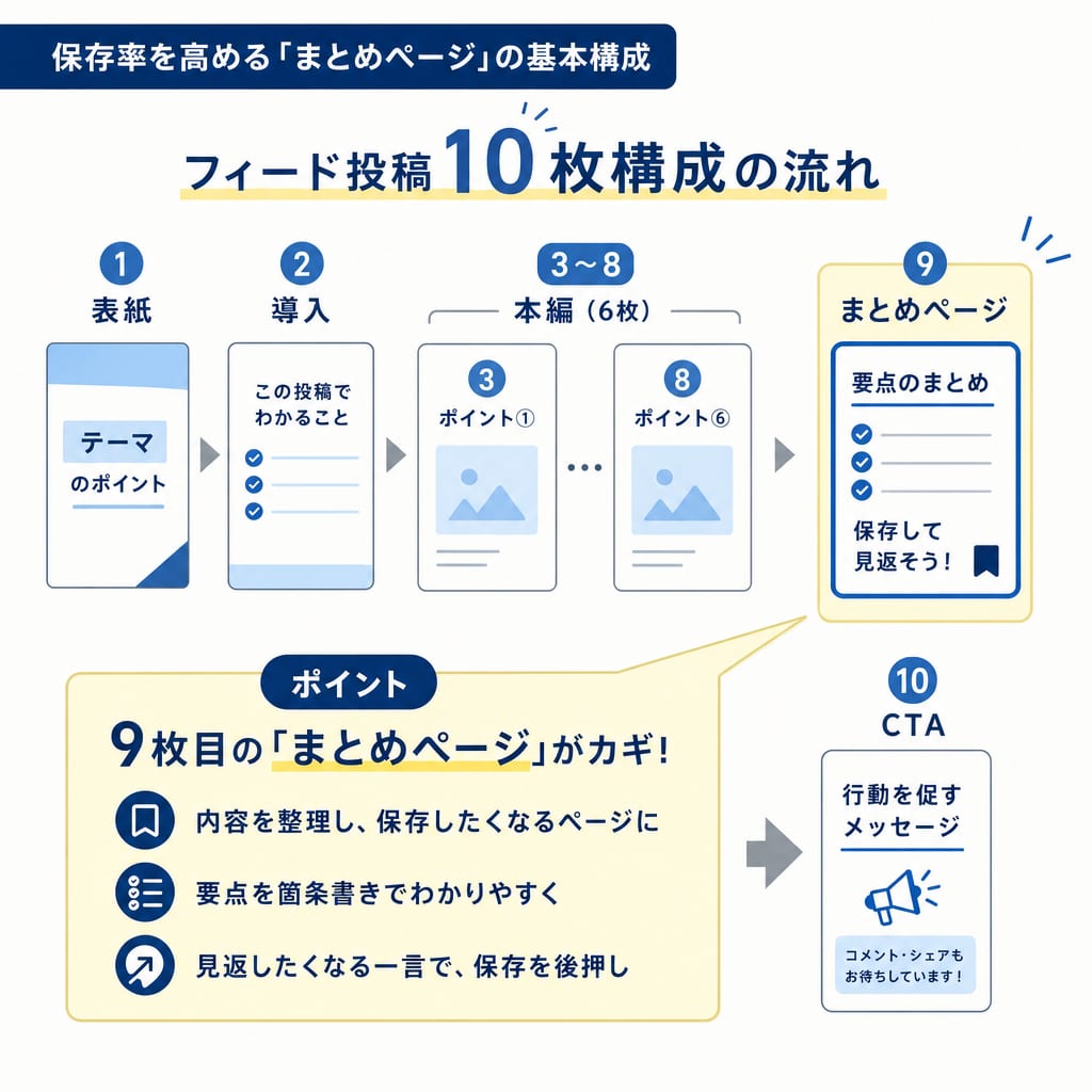 Instagramのフィード投稿における鉄板の10枚構成図。9枚目に配置される「まとめページ」が保存率向上に繋がることを示している。