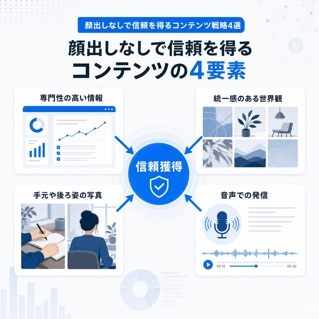 顔出しなしで信頼を得るコンテンツ戦略の4要素を示した図。専門性、世界観、部分的な写真、音声が信頼獲得につながる。