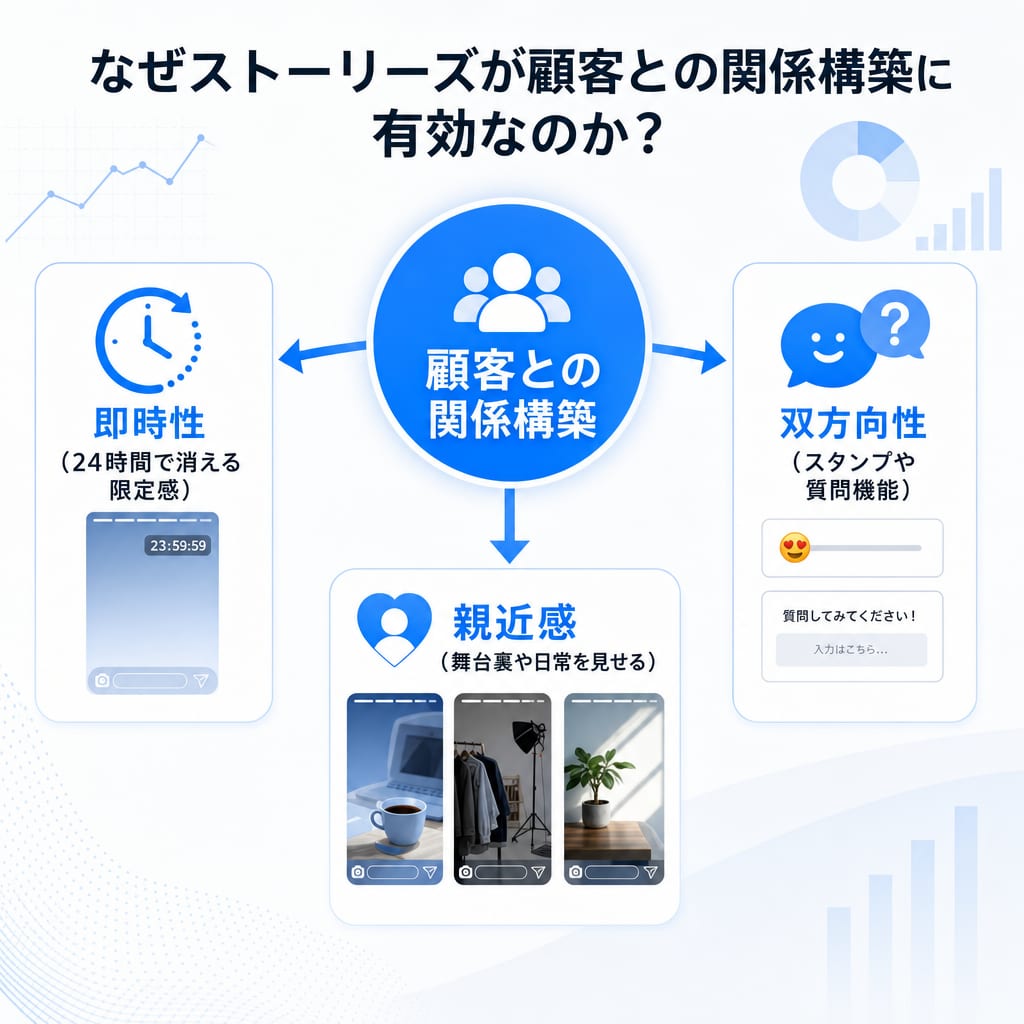 ストーリーズが顧客との関係構築に有効な3つの理由（即時性・双方向性・親近感）を示した図