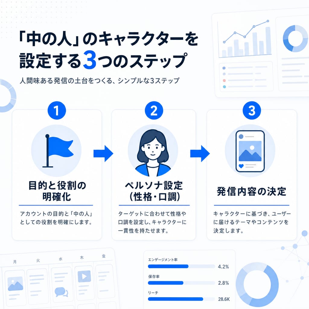 Instagramアカウントの「中の人」のキャラクターを設定するための3つのステップを示した図。目的設定、ペルソナ設定、発信内容決定の流れ。
