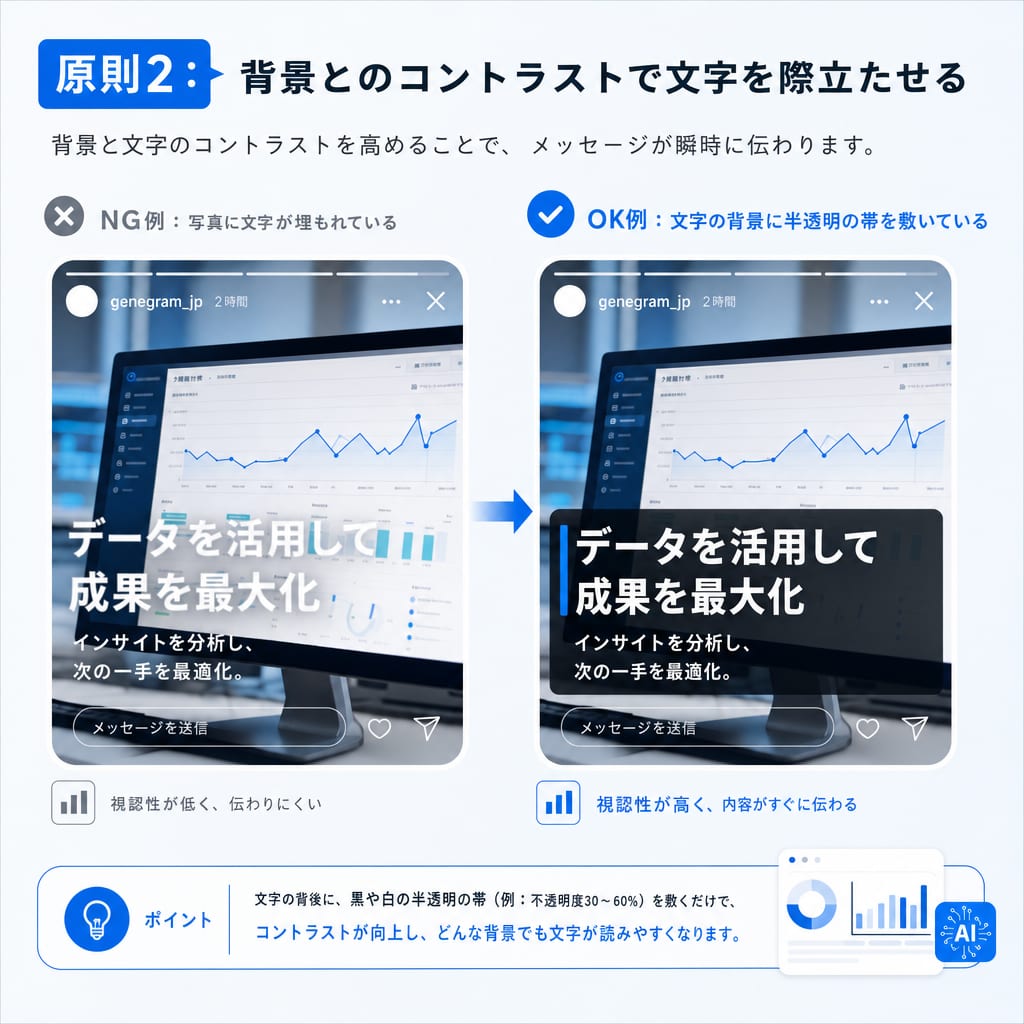 背景と文字のコントラストの比較図。NG例として背景の写真に文字が溶け込んでいる様子、OK例として文字の下に帯を敷いて読みやすくしている様子が描かれている。