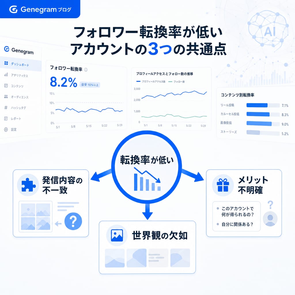 フォロワー転換率が低いアカウントの3つの共通点を示す図。発信内容の不一致、フォローするメリットが不明確、アカウントの世界観の欠如が原因となっている。