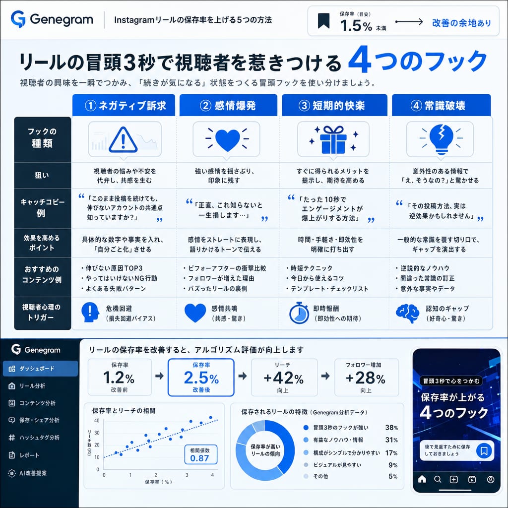 リールの冒頭3秒で使える4つのフック（ネガティブ訴求、感情爆発、短期的快楽、常識破壊）の具体例を示した図。