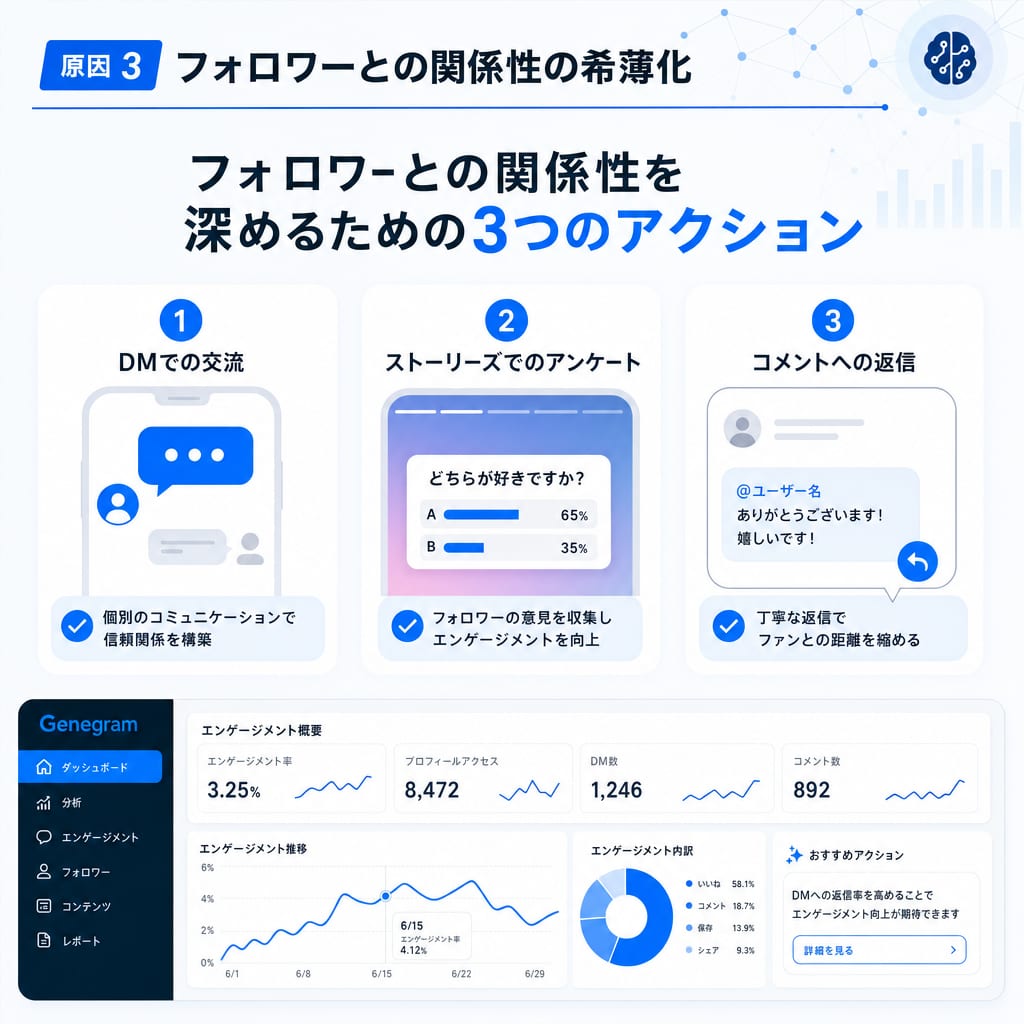 フォロワーとの関係性を深めるためのDM、ストーリーズ、コメント返信といった3つのアクションを示した図。