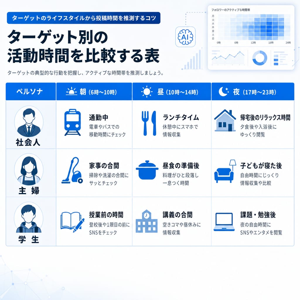ターゲットのライフスタイル別アクティブ時間帯の例。社会人、主婦、学生の活動が活発になる時間帯を比較している。