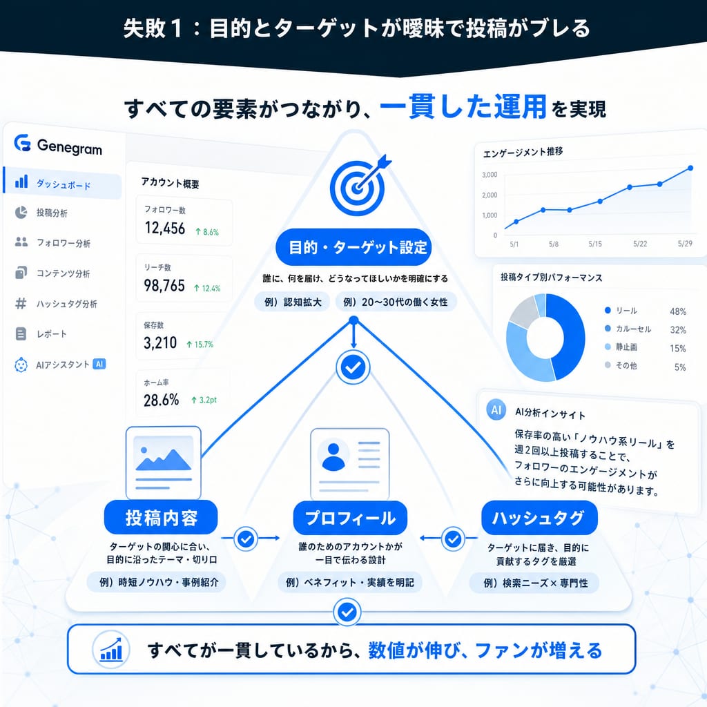 アカウントの目的とターゲット設定に基づいた一貫性のある投稿戦略の概念図