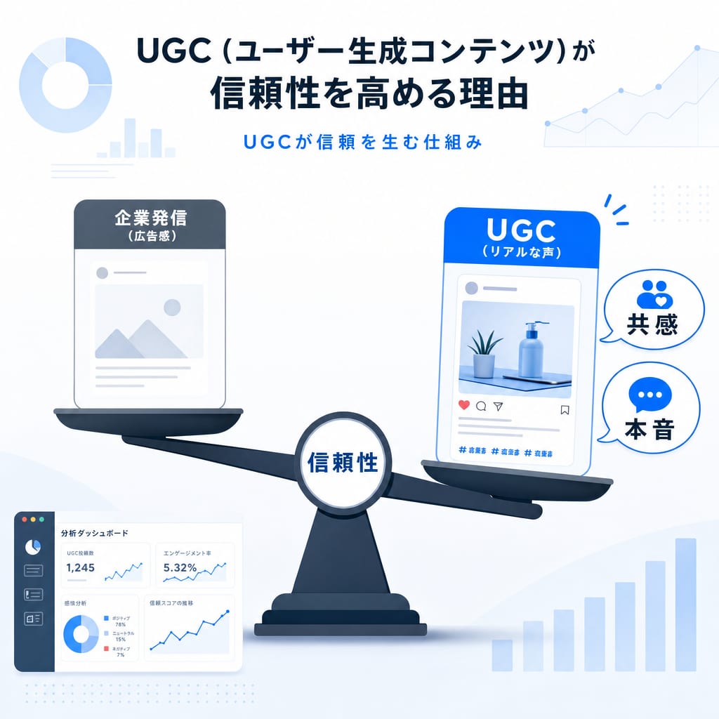 UGCが広告よりも信頼性が高いことを示す天秤の図。ユーザーのリアルな声であるUGCの方が重みがあることを表現している。
