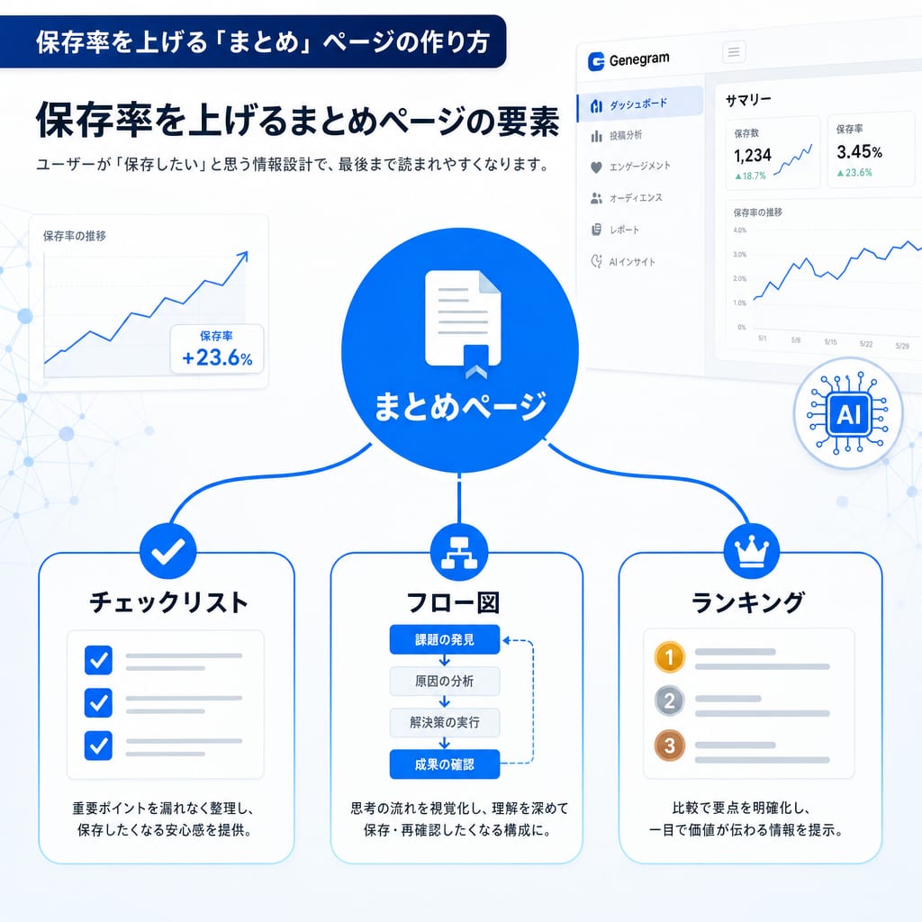 保存率を上げるまとめページの3つの型。チェックリスト形式、フロー図形式、ランキング形式があることを示す図。