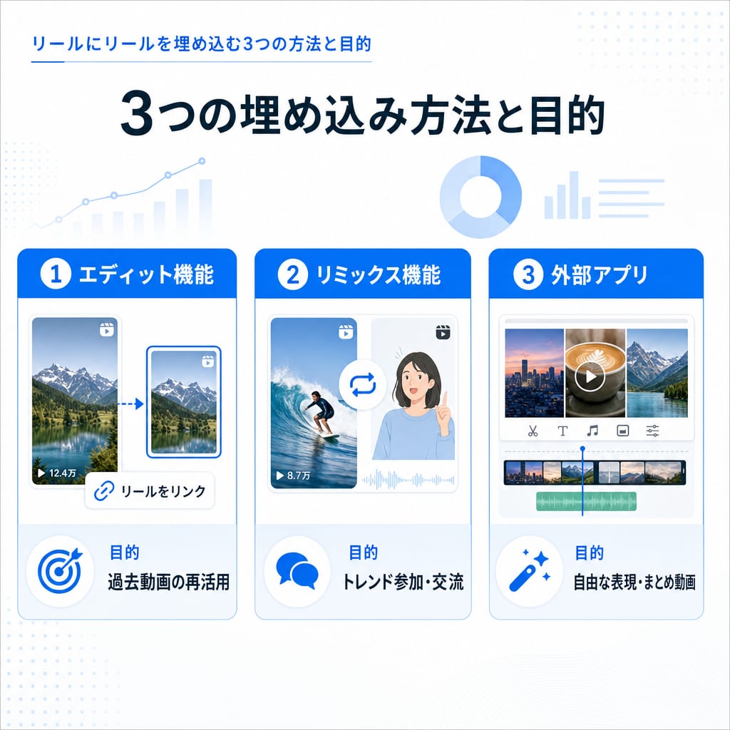 リールにリールを埋め込む3つの方法とそれぞれの目的を示した図