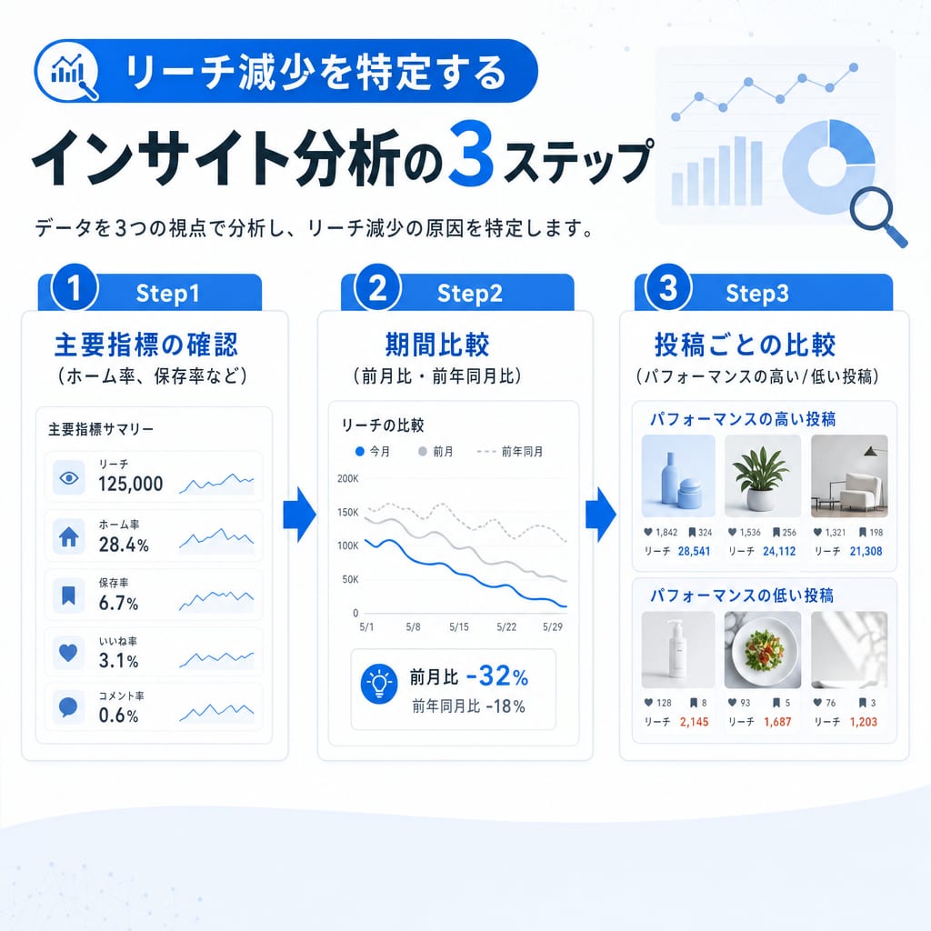 リーチ減少を特定するためのインサイト分析3ステップ。主要指標の確認、期間比較、投稿ごとの比較という流れを示している。