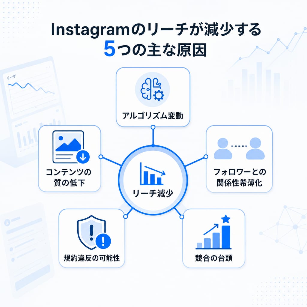Instagramのリーチが減少する5つの主な原因を示した図。アルゴリズム、コンテンツ、関係性、規約、競合が要因として挙げられている。