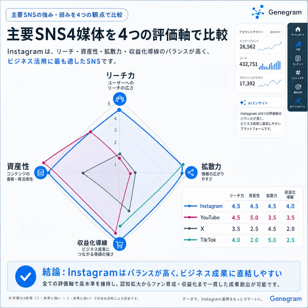 主要SNS比較レーダーチャート。Instagramがリーチ力、資産性、拡散力、収益化導線の4項目でバランス良く高いスコアを示している。