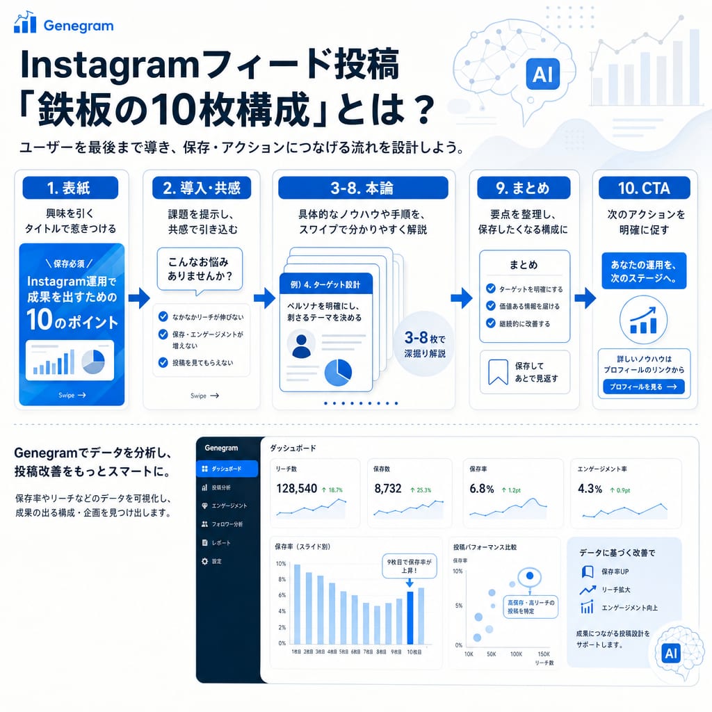 Instagramフィード投稿の鉄板10枚構成の流れを示した図。表紙、導入、本論、まとめ、CTAの順に構成される。