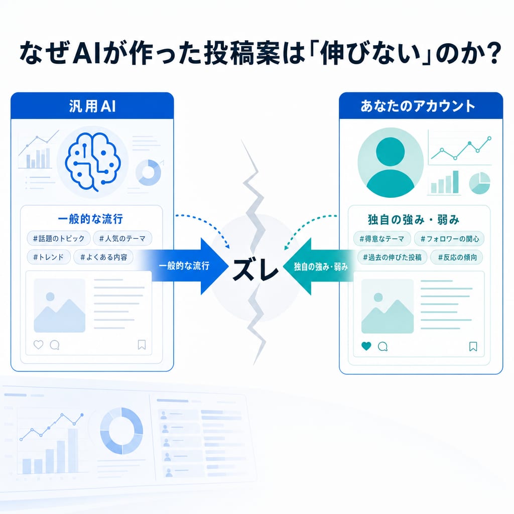 汎用AIの提案とアカウントの特性がずれていることを示す図