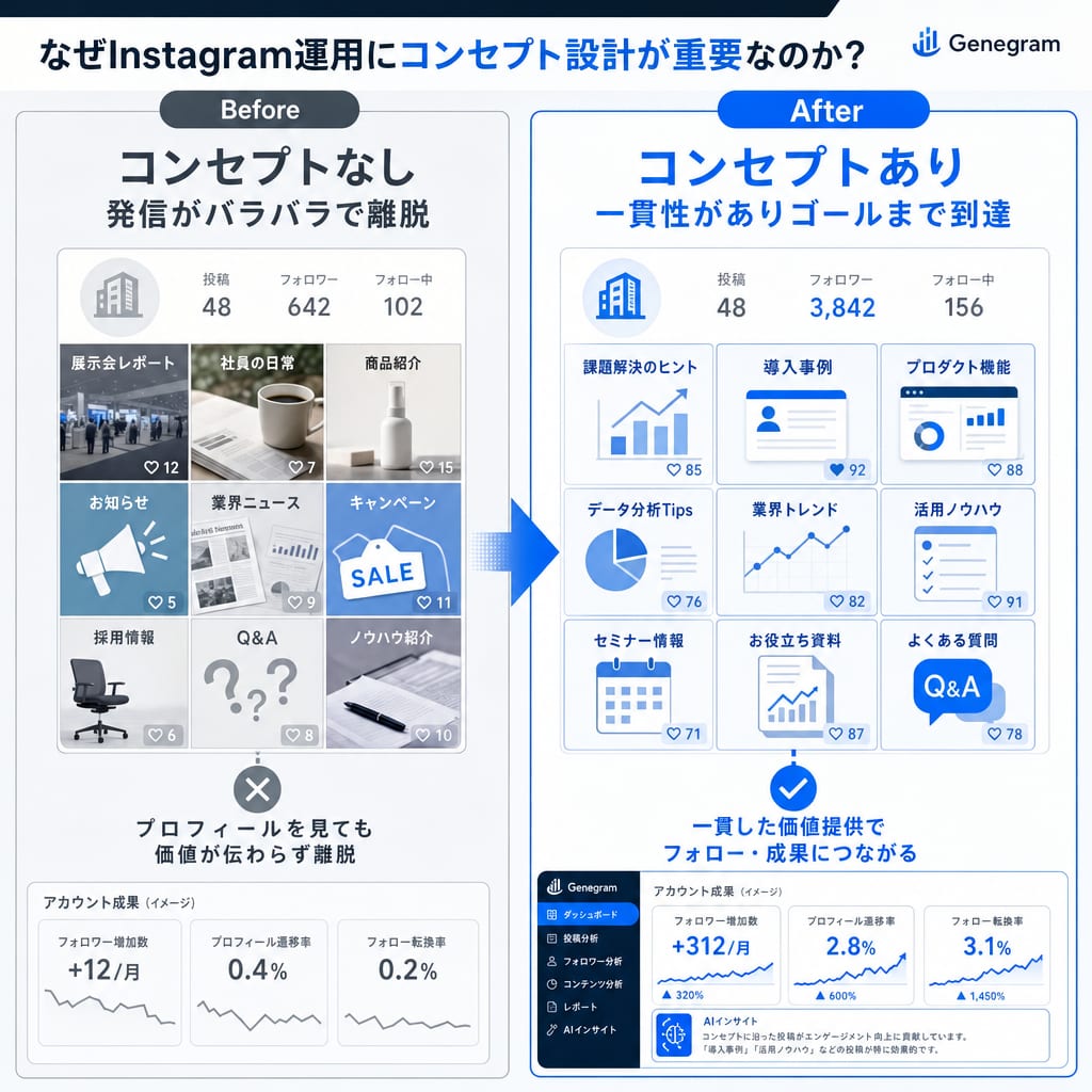 コンセプト設計の有無によるユーザー導線の違いを示す図。コンセプトがないとユーザーは途中で離脱し、コンセプトがあるとスムーズにゴールに到達する。