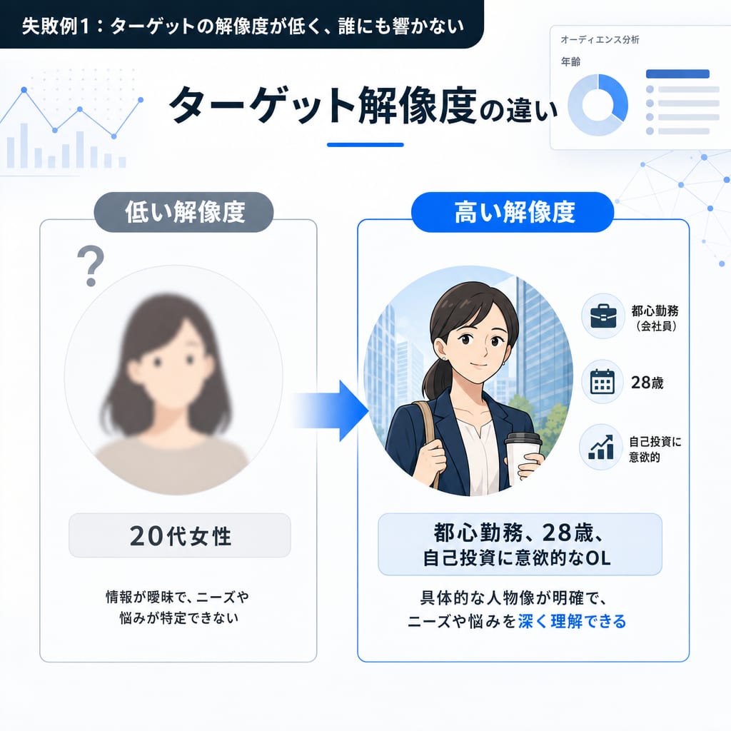 ターゲットの解像度が低い状態と高い状態の比較図。解像度が高い方が具体的な人物像を描けている。