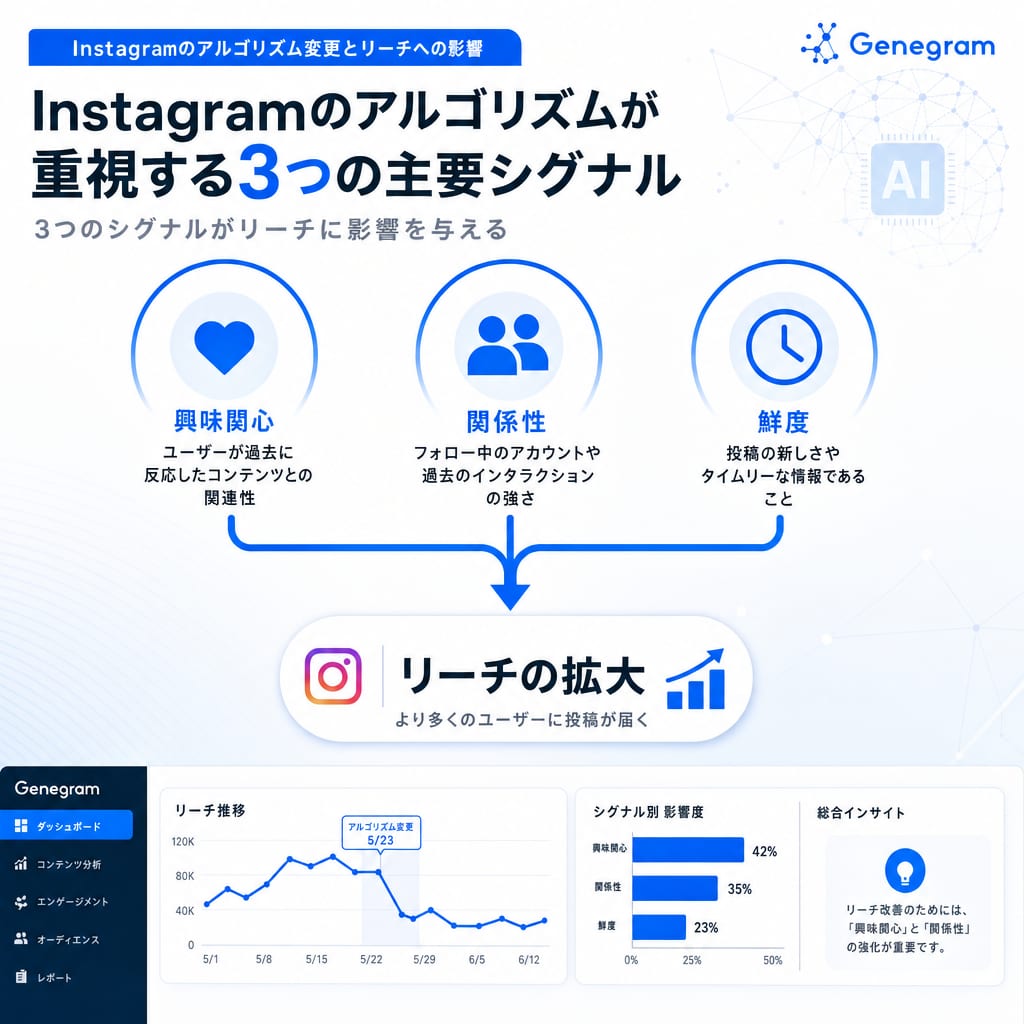 Instagramのアルゴリズムがリーチを決定する際に重視する3つの主要なシグナルを示した図。