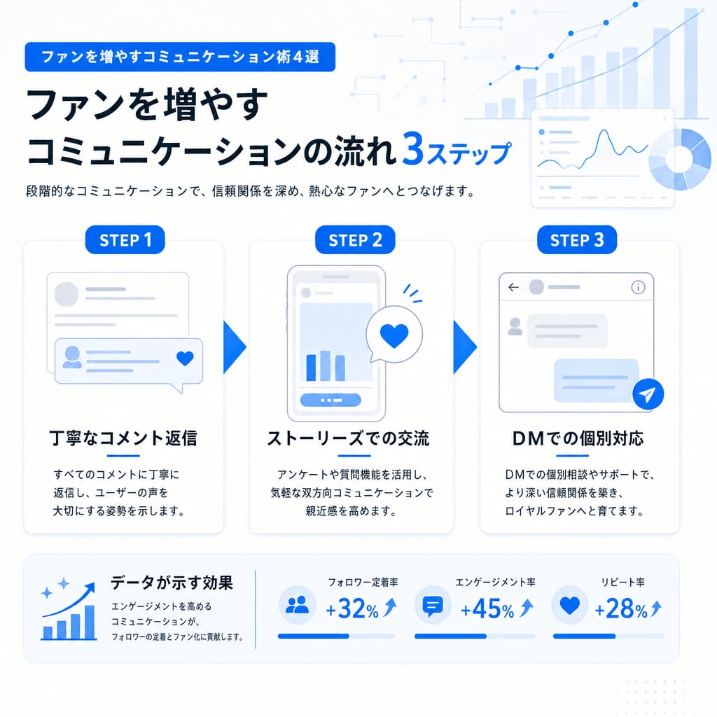 ファンを増やすための3ステップのコミュニケーション術。コメント返信から始め、ストーリーズ、DMへと関係を深めていく流れ。